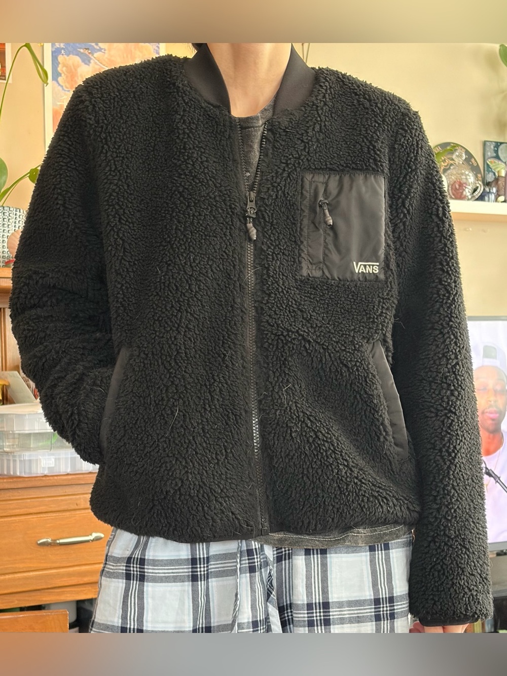 Vans Black Sherpa Bomber Jacket with Chest Pocket